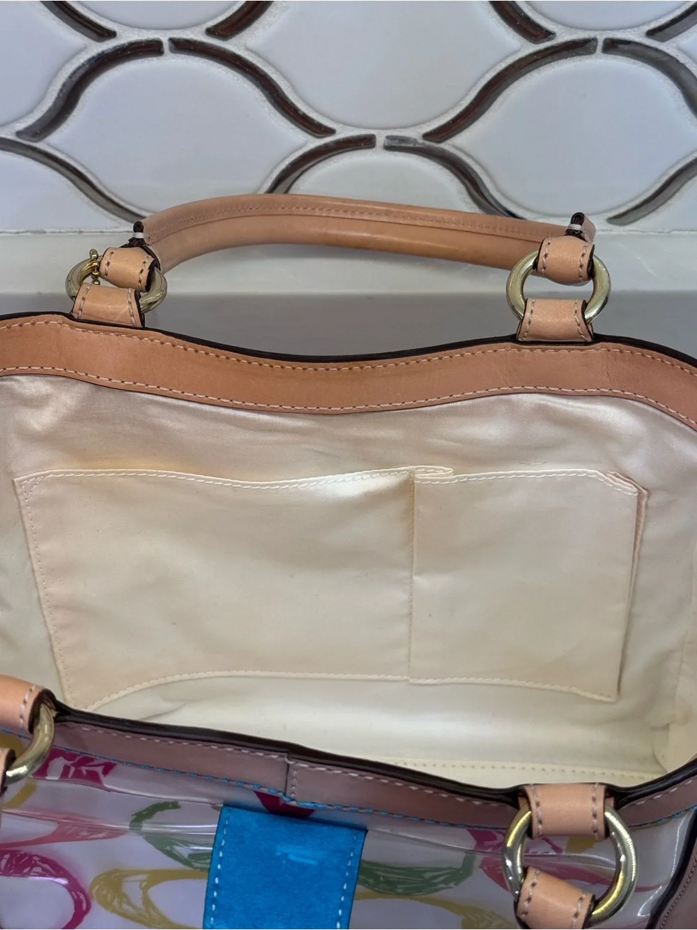 Coach Multicolor Logo Print Boxy  Tote w/ Tan Leather - Vintage -Limited Edition